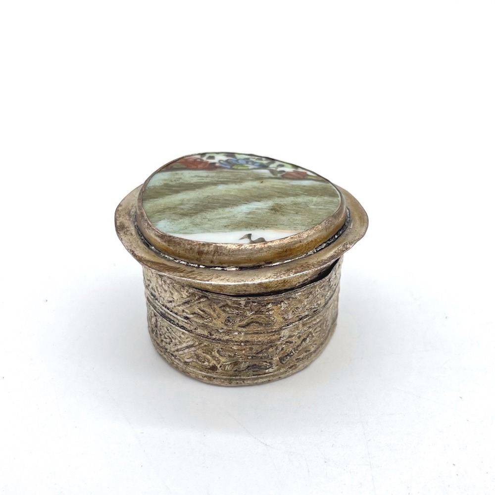 Antique Repousse Silver Tone Pill Box Hand Painted Porcelain Landscape Lid
